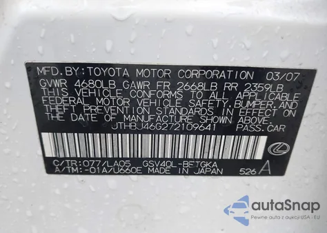 2007 Lexus Es 350 z USA, uszkodzony, nr VIN JTHBJ46G272109641